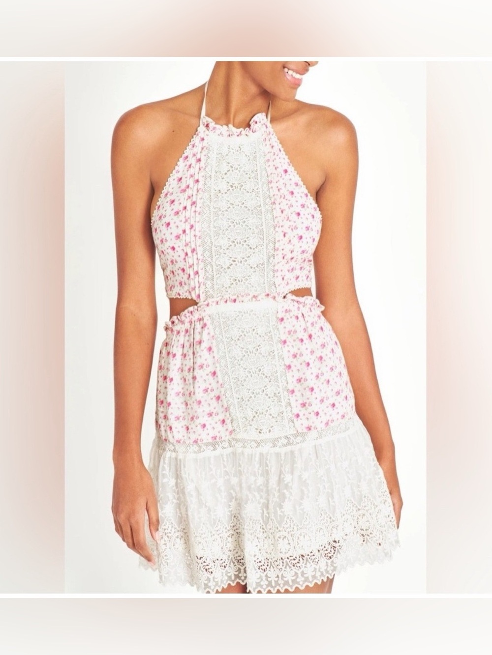 LoveShackFancy | NWT White and Pink Poppy Floral Halter Kesia Mini Dress